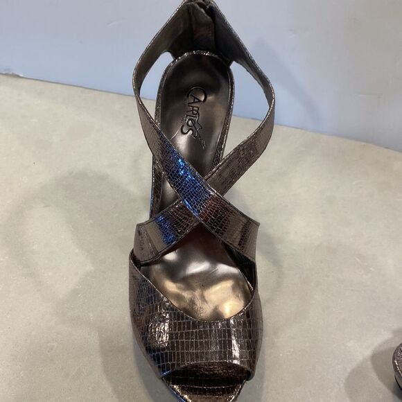CARLOS SANTANA’S CALIENTE-PEWTER SNAKESKIN PRINT CRISSCROSS PLATFORM HEEL SZ 7.5 - Picture 3 of 16